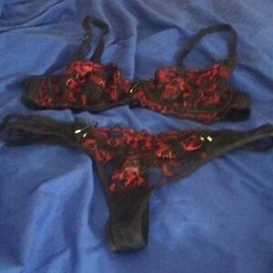 Adore Me Black & Red Mesh Lingerie Set